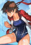  1girl brown_eyes brown_hair clenched_hand competition_swimsuit cowboy_shot hachimaki hairband hankuri headband hankuri jacket jacket_over_swimsuit kasugano_sakura long_sleeves looking_to_the_side one-piece_swimsuit open_clothes red_hairband serious short_hair solo street_fighter swimsuit tomboy track_jacket water 