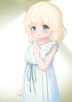 1girl absurdres artist_request blonde_hair blue_eyes blush child clenched_hands commentary_request dress eyebrows eyebrows_visible_through_hair hand_on_own_chest highres looking_at_viewer open_mouth original short_hair simple_background sleeveless sleeveless_dress solo white_background white_dress 