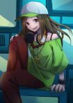  1girl arm_support baseball_cap beads bra_strap brown_eyes brown_hair brown_pants gaen_izuko green_headwear green_shirt hand_on_knees hat headphones headphones_around_neck highres jewelry knee_up long_hair looking_at_viewer monogatari_(series) myuga66666 necklace off-shoulder_shirt off_shoulder open_mouth pants prayer_beads shirt sitting smile solo star_(symbol) white_headwear wristband 