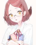  1girl aru_(blue_archive) blue_archive blush book glasses grey_background hair_ornament hairclip highres holding holding_book horns neck_ribbon open_mouth pencil_case red_neckwear redhead ribbon seisei_tamago shirt short_hair simple_background solo upper_body white_shirt yellow_eyes 