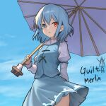  1girl artist_name blue_hair blue_jacket blue_skirt blue_sky clouds expressionless heterochromia holding holding_umbrella jacket open_mouth shirt short_hair skirt sky solo tatara_kogasa touhou umbrella user_etvy5288 white_shirt 