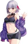  1girl bangs black_shorts black_sports_bra blush breasts contemporary fate/grand_order fate_(series) hair_ribbon harimoji jacket kama_(fate) long_sleeves looking_at_viewer medium_breasts navel off_shoulder open_clothes open_jacket open_mouth pink_ribbon purple_jacket red_eyes ribbon short_hair shorts silver_hair simple_background smile sports_bra thighs 