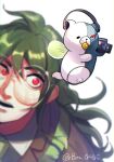  1boy :d alternate_size artist_name baru_(bar_0405) blurry blurry_foreground brown_jacket camera collared_shirt commentary_request dangan_ronpa_(series) dangan_ronpa_v3:_killing_harmony depth_of_field gokuhara_gonta green_hair hair_between_eyes headphones highres holding holding_camera jacket lens_flare long_hair looking_at_viewer looking_up male_focus monokid motion_blur open_mouth red_eyes round_eyewear shirt simple_background smile solo_focus upper_teeth white_background wings 