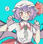  1girl absurdres back_bow bat_wings blue_background blush bow claw_pose commentary_request dress eighth_note fingernails grin hands_up hat hat_ribbon highres long_fingernails looking_at_viewer mob_cap mujirushi_illust musical_note purple_hair red_bow red_eyes red_nails red_ribbon remilia_scarlet ribbon sharp_fingernails short_hair short_sleeves smile solo spoken_musical_note touhou upper_body white_dress white_headwear wings 