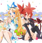  2girls blonde_hair boots bow breasts demon_girl demon_tail disgaea earrings etna flonne flonne_(fallen_angel) gloves hair_bow hanimitsu_(bisko) highres jewelry long_hair makai_senki_disgaea multiple_girls pointy_ears prinny red_eyes redhead sitting skull_earrings small_breasts smile tail thigh-highs thigh_boots 