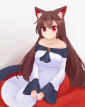  1girl animal_ear_fluff animal_ears bare_shoulders breasts brooch brown_hair collarbone dress eyebrows_visible_through_hair hands_on_lap hashi2387 highres imaizumi_kagerou jewelry large_breasts long_hair long_sleeves looking_at_viewer multicolored multicolored_clothes multicolored_dress off-shoulder_dress off_shoulder red_dress red_eyes simple_background sitting solo touhou white_background white_dress wide_sleeves wolf_ears 