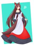  1girl absurdres animal_ear_fluff animal_ears back bare_shoulders breasts brown_hair dress eyebrows_visible_through_hair green_background hashi2387 heart highres imaizumi_kagerou long_hair looking_back multicolored multicolored_clothes multicolored_dress off_shoulder red_dress red_eyes simple_background smile solo tail touhou very_long_hair white_background white_dress wide_sleeves wolf_ears wolf_girl wolf_tail 