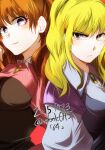  2girls aisha_ridgemond artist_name back-to-back bangs blonde_hair breasts brown_hair dated eyebrows_visible_through_hair green_eyes hair_behind_ear hoshino_(pixiv12796893) manami_hamill medium_breasts multiple_girls sidelocks signature super_robot_wars super_robot_wars_64 v-shaped_eyebrows violet_eyes 