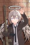  1girl ahoge angel_wings bangs black_neckwear bolt_action brick_wall cheytac_m200 collared_shirt commentary_request fake_halo fake_wings girls_frontline grey_hair gun hair_between_eyes halo highres jacket long_sleeves m200_(girls_frontline) necktie rifle shirt short_hair sniper_rifle solo violet_eyes weapon white_shirt wings yu_416416 
