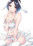  1girl animal_ears arm_between_breasts babydoll bangs bare_shoulders between_breasts black_hair breasts collarbone commentary eyebrows_visible_through_hair fake_animal_ears garter_belt hand_to_own_mouth hayami_kanade hayanami head_tilt highres idolmaster idolmaster_cinderella_girls looking_to_the_side medium_breasts navel panties parted_bangs rabbit_ears see-through short_hair simple_background sitting skindentation solo spaghetti_strap thigh-highs underwear underwear_only white_babydoll white_background white_panties yellow_eyes yokozuwari 