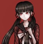  1girl bangs black_hair blunt_bangs closed_mouth collarbone commentary_request dangan_ronpa_(series) dangan_ronpa_v3:_killing_harmony hair_ornament hair_scrunchie hairclip hand_up harukawa_maki highres long_hair long_sleeves looking_at_viewer low_twintails mole mole_under_eye official_style red_background red_eyes red_scrunchie red_theme sailor_collar school_uniform scrunchie serafuku shiny shiny_hair shiromo_ooo shirt simple_background smile solo twintails upper_body 