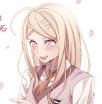  1girl :d ahoge akamatsu_kaede bangs beamed_eighth_notes blonde_hair breasts cheer_(cheerkitty14) collared_shirt commentary dangan_ronpa_(series) dangan_ronpa_v3:_killing_harmony eighth_note english_commentary hair_ornament hand_up highres long_hair musical_note musical_note_hair_ornament necktie open_mouth pink_vest shirt simple_background smile solo sweater_vest upper_body vest white_background white_shirt 