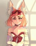  1girl animal_ear_fluff animal_ears argyle_cutout bangs bare_shoulders blunt_bangs bow brown_eyes closed_mouth clothing_cutout gloves highres kumaartsu looking_at_viewer medium_hair mole off_shoulder orange_hair original solo thick_eyebrows white_gloves 