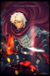  1boy armor cape dark_skin dark_skinned_male emiya_kiritsugu emiya_kiritsugu_(assassin) fate/grand_order fate_(series) holster knife majimaaa male_focus pauldrons shoulder_armor solo thigh_holster white_hair 