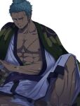  1boy abs bare_pecs collarbone dark_skin dark_skinned_male drawing_sword green_hair haori highres japanese_clothes kimono large_pectorals looking_to_the_side male_focus muscular muscular_male nipples one_piece open_clothes open_kimono pinattsu roronoa_zoro scar scar_across_eye scar_on_chest sheath short_hair solo stomach unsheathing white_kimono 