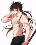  1boy bangs biceps black_hair brown_hair earrings from_side genshin_impact highres jewelry kingidol long_hair male_focus multicolored_hair muscular muscular_male open_mouth pectorals scar scar_on_arm shirtless simple_background single_earring solo topless white_background yellow_eyes zhongli_(genshin_impact) 