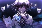  1boy bangs black_hair checkered checkered_floor checkered_scarf commentary_request dangan_ronpa_(series) dangan_ronpa_v3:_killing_harmony dodi990 finger_to_mouth floating glowing glowing_eyes hair_between_eyes holding holding_mask jacket long_sleeves looking_at_viewer male_focus mask mask_removed ouma_kokichi purple_hair scarf shiny shiny_hair short_hair smile solo straitjacket tile_floor tiles upper_body violet_eyes 
