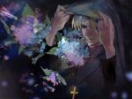  1boy brown_hair chromatic_aberration cloak cross cross_necklace fate/stay_night fate_(series) flower highres hood hydrangea jar_1156944126 jewelry kotomine_kirei male_focus necklace smile solo 