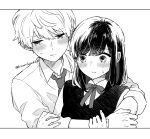  1boy 1girl absurdres black_hair blush eyebrows_visible_through_hair highres hosaka_kinami hug long_sleeves medium_hair monochrome neck_ribbon necktie original ribbon school_uniform shirt simple_background sweater_vest twitter_username white_shirt 