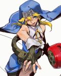  1boy bangs bare_shoulders bike_shorts black_gloves blonde_hair blue_eyes bridget_(guilty_gear) cross cuffs fingerless_gloves gloves guilty_gear guilty_gear_xx habit hair_between_eyes hand_up highres knee_up looking_to_the_side male_focus mars_symbol nun one_eye_closed open_mouth otoko_no_ko oversized_object ribbon simple_background sleeveless smile solo standing standing_on_one_leg teeth uncle_rabbit_ii white_background wrist_cuffs yellow_ribbon yo-yo 