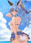 1girl absurdres adjusting_clothes adjusting_swimsuit animal_ears arm_up ass back bangs bikini bikini_skirt blue_hair blue_ribbon blue_sky bracelet brown_eyes closed_mouth clouds cloudy_sky commentary_request cowboy_shot day droplet eyebrows_visible_through_hair ferry_(granblue_fantasy) flower from_behind granblue_fantasy hair_flower hair_ornament hair_ribbon hand_in_hair highres holding jewelry long_hair looking_at_viewer looking_back outdoors pm_tii_(matuko1024) ponytail ribbon sky smile solo standing swimsuit wading white_bikini