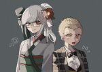  1boy 1girl absurdres artist_name bangs black_bow blonde_hair blush_stickers bow bowtie brown_eyes closed_mouth collared_shirt dangan_ronpa_(series) dangan_ronpa_10th_anniversary_costume dangan_ronpa_2:_goodbye_despair dress_shirt eyebrows_visible_through_hair flower freckles glasses grey_background grey_hair hair_flower hair_ornament highres jacket japanese_clothes kimono ko_jira kuzuryuu_fuyuhiko long_hair long_sleeves looking_at_viewer obi official_alternate_costume open_clothes open_jacket open_mouth pekoyama_peko plaid_jacket red_eyes red_flower sash shirt short_hair symbol_commentary upper_body 