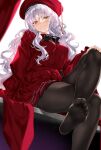  1girl bangs beret black_legwear breasts brooch caren_hortensia caren_hortensia_(amor_caren) cle_masahiro dress fate/grand_order fate_(series) feet hat highres jewelry large_breasts long_hair long_sleeves looking_at_viewer neck_ribbon pantyhose parted_lips red_dress red_headwear ribbon shawl simple_background sitting smile soles thighs toes wavy_hair white_hair yellow_eyes 