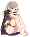  1girl barefoot belt bikini brown_eyes closed_mouth fire_emblem fire_emblem_awakening fire_emblem_heroes haru_(nakajou-28) knees_up robin_(fire_emblem) robin_(fire_emblem)_(female) simple_background sitting solo swimsuit thigh_strap twintails white_background white_hair 