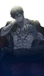  1boy abs arm_tattoo bare_pecs black_eyes black_hair black_pants chest_tattoo facial_hair goatee head_tilt highres jacket jacket_on_shoulders male_focus navel nipples no_headwear one_piece pants pectorals pinattsu short_hair sideburns sitting smile solo stomach tattoo toned toned_male trafalgar_law 