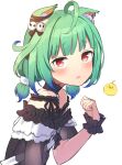  1girl ahoge animal_ear_fluff animal_ears bangs bare_shoulders black_choker black_dress blunt_bangs blush cat_ears choker commentary_request dress eyebrows_visible_through_hair flat_chest frills from_side green_hair hair_ornament hand_up highres hololive looking_at_viewer low_twintails medium_hair parted_lips red_eyes short_hair simple_background skull_hair_ornament solo tearing_up twintails upper_body uruha_rushia virtual_youtuber white_background wrist_cuffs yudetama 
