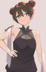  1girl :&gt; aqua_eyes artist_name bare_shoulders black_dress blush brown_hair closed_mouth double_bun dress eyebrows_visible_through_hair grey_background hair_between_eyes halterneck hand_on_hip looking_at_viewer original shawl short_hair simple_background skeptycally smile solo upper_body 