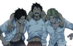  3boys abs arm_around_shoulder bare_pecs black_eyes black_hair blonde_hair brothers cowboy_shot freckles hat highres large_pectorals looking_at_another male_cleavage male_focus midriff_peek monkey_d_luffy multiple_boys muscular muscular_male one_piece open_clothes open_shirt partially_unbuttoned pectorals pinattsu portgas_d_ace sabo_(one_piece) scar scar_across_eye scar_on_cheek scar_on_face shirt short_hair siblings smile stomach straw_hat tank_top toned toned_male white_shirt white_tank_top 