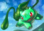  blurry bright_pupils bulbasaur claws commentary_request day fangs gen_1_pokemon kaosu_(kaosu0905) looking_to_the_side no_humans open_mouth outdoors plant pokemon pokemon_(creature) red_eyes shiny signature sky solo tongue vines 