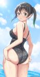  1girl absurdres ass black_hair black_swimsuit blue_sky casual_one-piece_swimsuit clouds commentary_request cowboy_shot day from_behind green_eyes highres lens_flare love_live! love_live!_nijigasaki_high_school_idol_club medium_hair one-piece_swimsuit outdoors polka_dot polka_dot_swimsuit sky solo standing sun swimsuit takasaki_yuu tenpa_(tenpa2190) twintails 