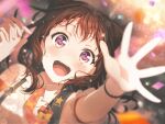 1girl 1other bang_dream! black_bracelet blush brown_hair confetti dress lights official_art open_mouth short_hair smile solo sparkle star_hair_ornament sweat tears toyama_kasumi violet_eyes