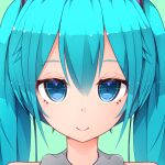  1girl amepon aqua_hair bangs blue_eyes close-up commentary eyebrows_visible_through_hair eyelashes face green_background hair_between_eyes hair_ornament hatsune_miku long_hair looking_at_viewer portrait shadow shiny shiny_hair sidelocks smile solo twintails vocaloid 