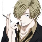  1boy bangs blonde_hair blue_eyes cigarette collarbone face facial_hair formal goatee highres holding holding_cigarette looking_at_viewer male_focus one_piece pinattsu sanji short_hair smile smoking solo stubble suit swept_bangs toned toned_male 