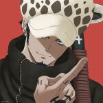  1boy black_coat black_eyes black_hair close-up coat collared_coat earrings face facial_hair goatee hand_tattoo highres index_finger_raised jewelry male_focus one_piece over_shoulder panther_print pinattsu short_hair sideburns smile solo sword sword_over_shoulder trafalgar_law weapon weapon_over_shoulder 