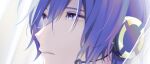  1boy blue_eyes blue_hair close-up commentary face headphones headset kaito looking_away male_focus nokuhashi parted_lips vocaloid 