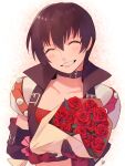  1girl armor bangs black_choker black_hair black_sleeves bouquet buckle choker closed_eyes collarbone crop_top detached_sleeves facing_viewer flower gloves grin hair_between_eyes head_tilt highres holding holding_bouquet red_flower red_gloves red_rose rose shiny shiny_hair short_hair shoulder_armor smile solo ubo_(ubo_tales) upper_body white_background 