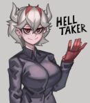  1girl beelzebub_(helltaker) black_shirt breasts demon_girl demon_horns english_text gloves grey_background hand_up helltaker highres horns jewelry kelvin_hiu large_breasts looking_at_viewer red_eyes red_gloves shirt simple_background smile upper_body white_horns 