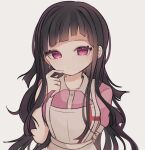  1girl apron arm_behind_back bandages bangs black_hair blunt_bangs closed_mouth collarbone collared_shirt commentary_request dangan_ronpa_(series) dangan_ronpa_2:_goodbye_despair frown grey_background hand_on_own_face hand_up highres hu_(kitsune_ousaiou) long_hair looking_at_viewer mole mole_under_eye nurse open_mouth pink_eyes pink_shirt puffy_short_sleeves puffy_sleeves purple_hair shirt short_sleeves simple_background solo tsumiki_mikan upper_body very_long_hair white_apron 
