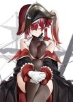  1girl absurdres bangs bare_shoulders black_legwear breasts coat gloves hat highres hololive houshou_marine jikatarou looking_at_viewer official_art one_eye_closed pirate_hat redhead sitting solo sweat thigh-highs twintails virtual_youtuber white_gloves yellow_eyes 