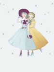  2girls blush closed_eyes dress flower gloves hair_flower hair_ornament hat high_heels mu_mashu multiple_girls original personification simple_background sleeveless sleeveless_dress white_background white_dress white_flower white_footwear white_gloves yellow_dress 