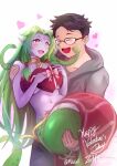  1boy 1girl absurdres carrying choker colored_skin copyright_request desdemona_(mitchell) echidna_(monster_girl_encyclopedia) glasses happy heart highres lamia loincloth monster_girl monster_girl_encyclopedia princess_carry snake_hair valentine_post zee_n3 
