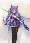  1girl bare_shoulders black_legwear breasts closed_mouth detached_sleeves dress feet_out_of_frame genshin_impact gloves gold_trim highres holding holding_sword holding_weapon keqing_(genshin_impact) light_blush long_hair pantyhose pointy_hair purple_dress purple_gloves purple_hair reddizen small_breasts smile solo standing sword twintails very_long_hair violet_eyes weapon 