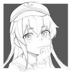  1girl bangs blush closed_mouth eyebrows_visible_through_hair flat_cap greyscale hat hibiki_(kancolle) highres kantai_collection kkkhosuke long_hair long_sleeves looking_at_viewer monochrome sidelocks simple_background sketch solo upper_body 