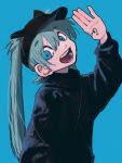  1girl alternate_costume aqua_hair bangs black_headwear black_sweater blue_background blue_eyes blue_nails end80236189 eyebrows_visible_through_hair hair_between_eyes hand_up hatsune_miku highres long_hair long_sleeves looking_at_viewer open_mouth simple_background smile solo sweater twintails upper_body vocaloid 