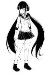  1girl bangs blunt_bangs bojue_(hakus_1128) closed_mouth commentary_request dangan_ronpa_(series) dangan_ronpa_v3:_killing_harmony full_body greyscale hair_ornament hairclip harukawa_maki highres long_hair looking_at_viewer low_twintails miniskirt monochrome pleated_skirt school_uniform serafuku shoes skirt sleeves_past_elbows solo standing thigh-highs twintails very_long_hair white_background zettai_ryouiki 
