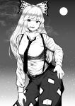  1girl absurdres bangs blush bow cigarette collared_shirt commentary contrapposto fujiwara_no_mokou full_moon greyscale hair_bow hand_on_hip highres long_hair looking_at_viewer monochrome moon necktie ofuda pants sen_(daydream_53) shirt sidelocks smile smoke solo star_(sky) suspenders touhou white_hair 
